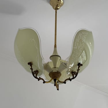 Antique Murano Glass Chandelier / Art Deco Green Leaf Pendant Lamp / Brass Ceiling Light / Pauly & C. Compagnia Venezia Murano / Italy 1920s 