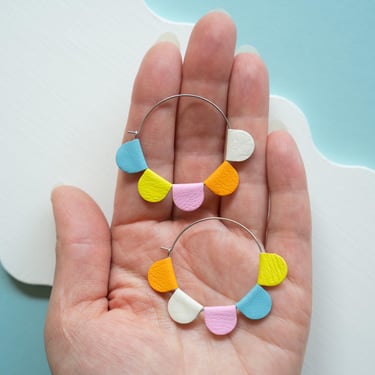 Pastel Rainbow Daisy Reclaimed Leather Hoop Earrings 