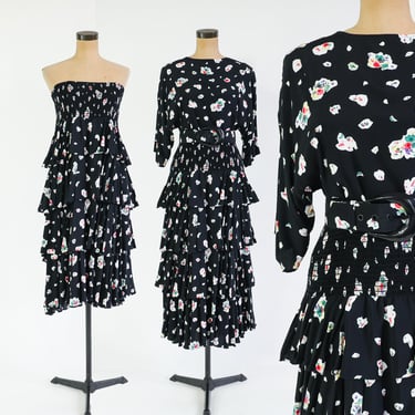1980s Black Print Skirt Dress & Top | Flowered Black Dress Set, Large 