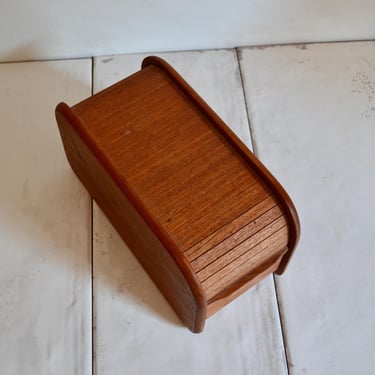 vintage kalmar teak tambour storage box / wooden display case / desk storage 