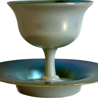 Very Rare Blue Aurene and Calcite Frederick Carder for Stuben Footed Glass Bowl w/ Underplate 