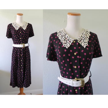 Vintage Polka Dot Midi Dress - 80s 90s Black Purple Lace Collared Casual Dress with Belt - Size Medium 