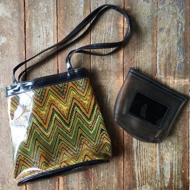 Vintage 90s Clear Transparent Black Green Orange Chevron Print Grunge Shoulder Bag Purse + Cosmetic Bag Set 
