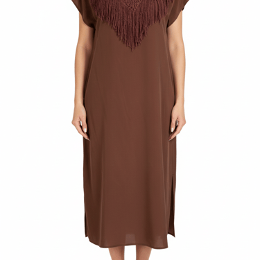 Ulla Johnson - Tan Rust Macrame Neckline Detail w/ Tassels Cap Sleeve Silk Dress Sz 2