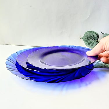 Vintage Rivage Cobalt Blue Glass Plates by Duralex:France Bormioli Rocco Swirl Salad Dinner Plate 