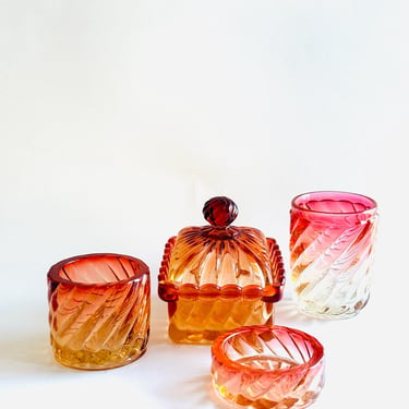 vintage French Antique Baccarat Crystal glass Bamboo amberina vanity set pieces uranium glass 