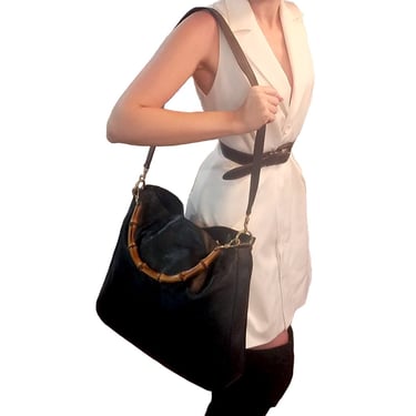 Gucci LARGE 2 Way Bamboo Black Leather Hobo Satchel Tote Bag 