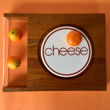 Sweet 1970s Teak and Tile Cheese Board/ Cheese Tray with Lucite Tray 