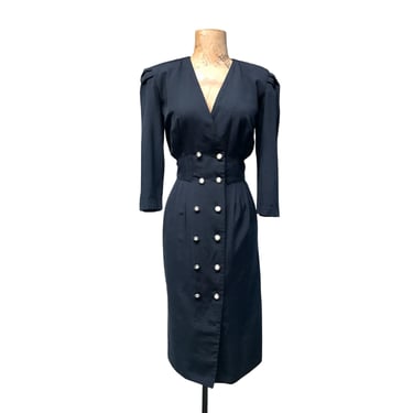 Vintage 1980s Black Rayon Double-Breasted Dress, Breli Military Style Office Attire, 80s Power Dressing, Small Size 4 Petite, VFG 