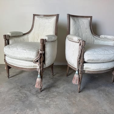 1960’s French Hollywood Regency Louis XVI–Style Carved Wood Upholstered Arm Club Chairs – A Pair 