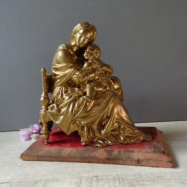 Antique Madonna della Sedia Religious Statue,on monogrammed velvet base. 