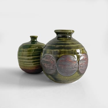 Striped and Circles Green Ceramic Bud Vases Set of 2 Japan 