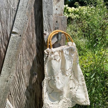 Upcycled one of a kind embroidered  lace handbag with bamboo handles / vintage boho tote bag 