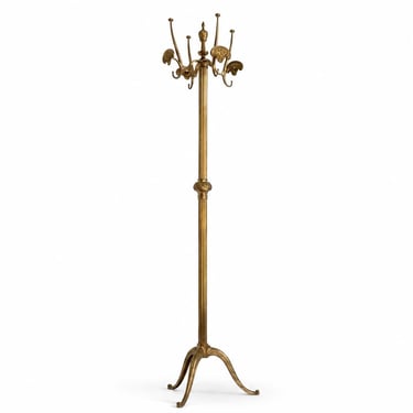 Vintage Brass Coat Rack with Rotating Crown and Ornate Three Leg Base 