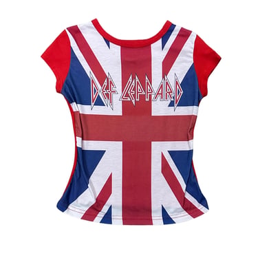 Vintage 1990s Def Leppard Union Jack Logo Baby Tee / Rhinestones / Small / Cap Sleeve / British / Flag / y2k / Rocker / Hair Metal / Band 