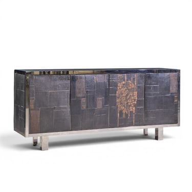 Pia Manu Brutalist Mid Century Steel, Chrome and Glass Credenza - mcm 