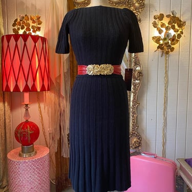 vintage 1940s black wool knit set, 40s knitwear, skirt and top, sweater set, xs 