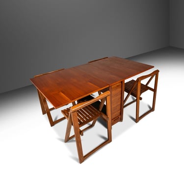 Restored Mid-Century Modern Space Saver Minimalist Hide Away Dropleaf Table w/ 4 Hidden Folding Chairs, Romania, c. 1960's 