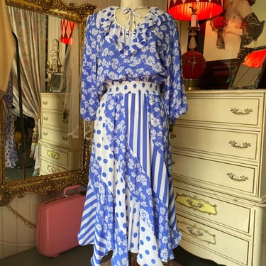 1980s blue and white blouson dress diane fries style striped polka dot summer m 