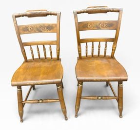 PAIR of vintage maple "Harvest Inn" Hitchcock chairs w/ floral motif, 33.5" h, 1