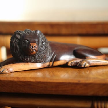 Vintage Hand-Carved Wooden Lion Figurine – Solid Wood Safari Decor, Jungle Animal Sculpture, Boho Shelf Accent, 9” Long 