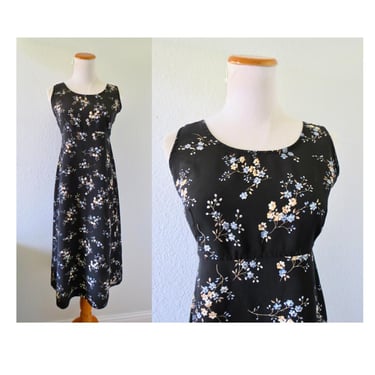 Vintage 90s Black Floral Midi Dress - Sleeveless Flower Print Summer Sundress - Size Small 