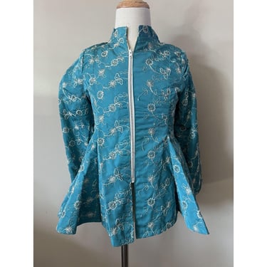 1950s Vintage Handmade Aqua Blue & Silver Brocade Elsa Costume Girls Jacket Coat 