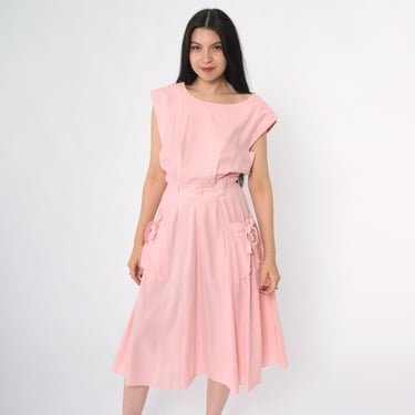 Vintage Pink Belted Dress 80s Bow Pockets Shoulder Buttons Midi 1980s Cap Sleeve Day Dress High Waist Full Skirt Blouson Casual Medium M 
