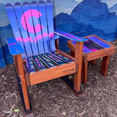Pink/Purple Hand Painted Indoor/Outdoor Alpine Snowboard & Ski Chair, neon CO Flag Ski Chair, Wood Patio Chair, Fire-pit Chairs, man cave 