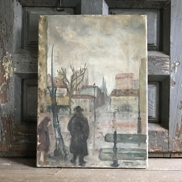 1940 French Oil on Canvas Painting, Village Street Scene, Historical France, Signed, Dated 