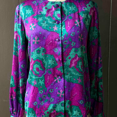 Vintage Carlisle Purple and Green Abstract Print Long Sleeve Blouse - Size S