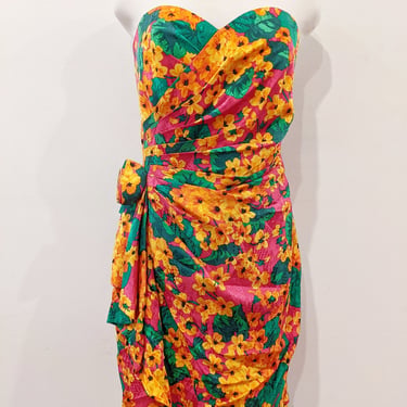 Hot Pink + Orange Floral Mini Silk Dress // Vintage 1980s A.J. Bari Cocktail Dress 