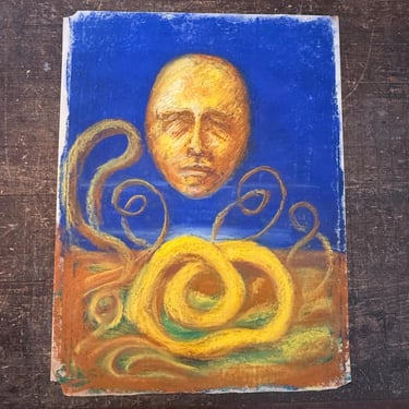 1960s Surrealist Pastel Drawing of Floating Face and Tentacles | Charles B. Reynolds Collection |  Psychedelic Blue Wall Art | Chicago Art 