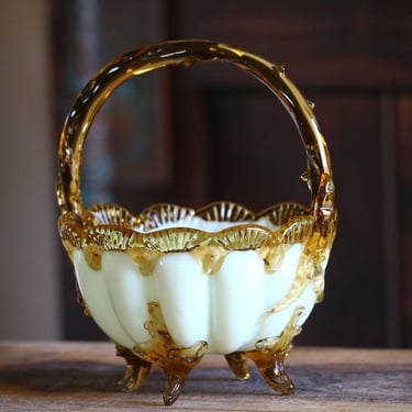 Antique Uranium Glass Basket with applied Amber Glass Handle and Feet, Victorian Glass Bowl, Quaint Cottagecore Charm, Collector Gift 