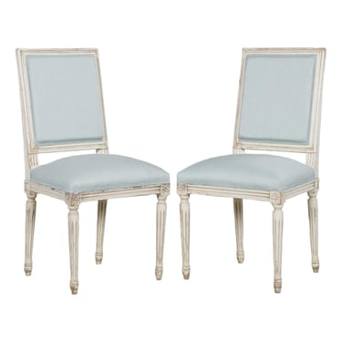 Antique French Louis XVI Painted Accent Chairs in Light Blue - A Pair 