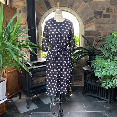 Vintage 1980s Navy Blue and White Polka Dot Button Front Office Dress Darian Petites 