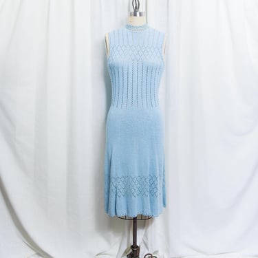 70s Pastel Powder Blue Hand Knit Dress Cardigan Set Vintage 1970s High Collar Crochet Two Piece Lounge Set 