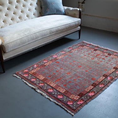 Vintage 3’9.5” x 5’4” Khotan Abrash Silver Blue Coral Hand-Knotted Wool Pile Rug 1930s - FREE DOMESTIC SHIPPING 
