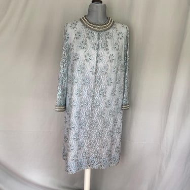 Blue and white 1960s mod dress, beaded 60s long sleeved dress with trim, rare plus size vintage 1960s dress, vintage 60s XL dress 