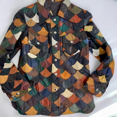 1970's Fish Scale Leather Shirt Jacket - Multi Colored Leather Patchwork - Snap Buttons - Women's Small 
