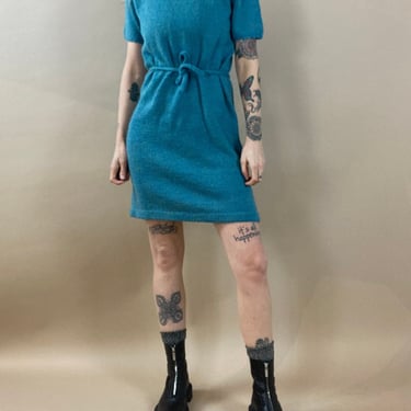 80s Hand Knit Blue Wool Blend Short Sleeve Dress / 1980s Women's Mini Shirt Dress / Small 