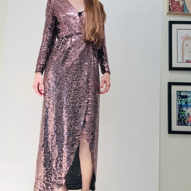 70s Vintage  Sequin Gown Dress Sequin Wrap Dress By Estevez Lillie Rubin Sequin Dress Gown Pink Black Sequin Disco Party Dress Small Petite 