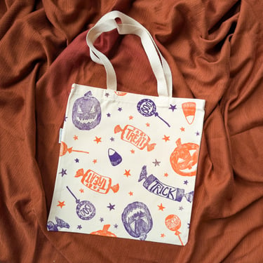 Trick or Treat Tote Bag - Block Printed Organic Cotton Canvas Shoulder Bag - 14x15 inches - Purple and Orange 