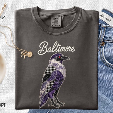 Faux Patchwork Baltimore Football Comfort Colors T-Shirt, Baltimore Ravens T-Shirt, Oversized Ravens Football T-Shirt, Football Fan Gift by CloudArt