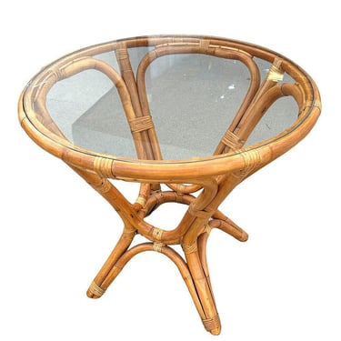 Restored MCM Modernist Rattan Hourglass Round Dining Table w/ Glass Top 