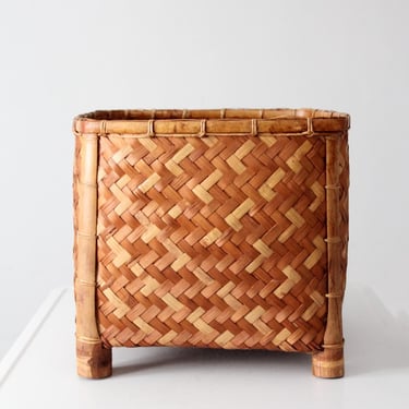 vintage woven bamboo storage basket with geometric herringbone pattern 