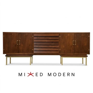 Refinished 78” American of Martinsville Walnut and Brass Dresser 