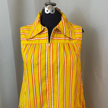 1970s Vintage Fast Food Uniform Dress with Pockets Yellow Orange Stripe M 