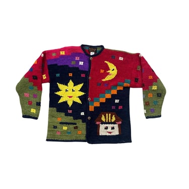 1990s Kindred Spirit Chunky Knit Multicolor Cardigan with the Sun / Moon / House / Checker Pattern / Anthropomorphic / Small / Wool / 