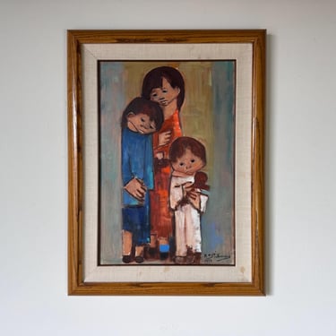 1977 Vintage H. Stiemany Impressionist Family with Children Oil on Canvas Painting 
